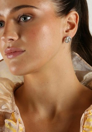 Silverfärgade stiftörhängen i form av rosor, med intrikata detaljer och en polerad yta, bärs av en person mot en neutral bakgrund.