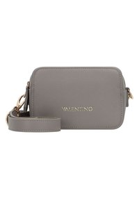 Grey Valentino crossbody bag with a rectangular shape, smooth texture, gold hardware accents, and adjustable strap. Logo displayed prominently.