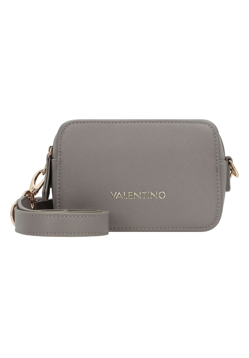 Grey Valentino crossbody bag with a rectangular shape, smooth texture, gold hardware accents, and adjustable strap. Logo displayed prominently.