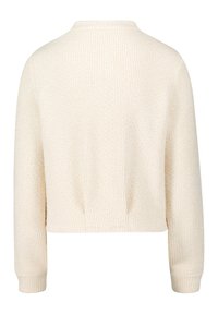 Maglione corto color beige chiaro con tessuto a coste strutturato. Presenta una scollatura rotonda e maniche lunghe con polsini aderenti.