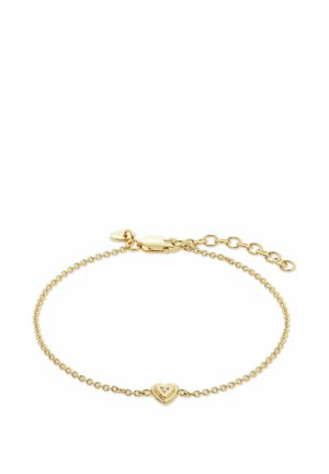 Guldkæde-armbånd med en lille hjerte-charms og en klar stenaccent, delikat kæde-design og justerbar lås.