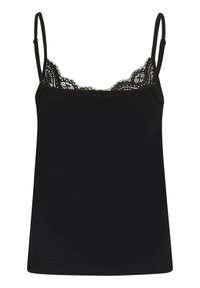 Black camisole with thin adjustable straps. Features a lace trim along the neckline, soft cotton blend material, and a fitted design.