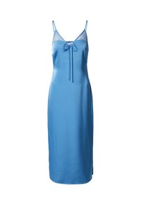 Satin-blaues Kleid mit verstellbaren Spaghettiträgern, Spitzenbesatz am Ausschnitt und Frontbindedetail; knielang mit glatter Textur.