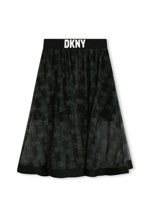 Jupe noire DKNY avec un design texturé comportant des motifs de logo répétés, une taille élastique et une silhouette superposée.