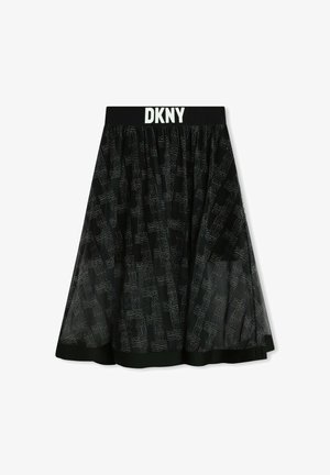 Jupe noire DKNY avec un design texturé comportant des motifs de logo répétés, une taille élastique et une silhouette superposée.