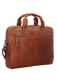 Braune Leder-Laptoptasche mit zwei Griffen, verstellbarem Schultergurt, vorderer Reißverschlusstasche und dezenten Steppdetails. Kompakte rechteckige Form.