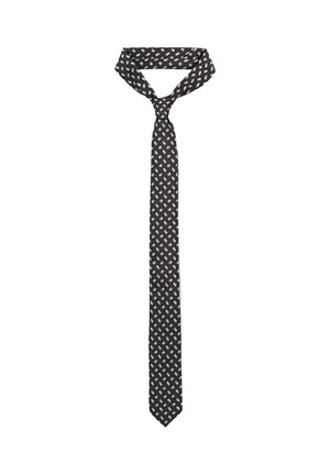 Czarna jedwabna krawat z małym białym wzorem kwiatowym, zaprojektowany w wąskim kształcie i gładkiej strukturze, idealny na formalne okazje.