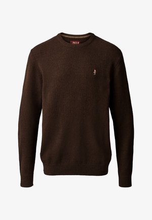 Ruskea neulepaita pyöreällä kaula-aukolla, ribbireunoilla hihansuissa ja helmassa. Rinnassa on pieni brodeerattu logo. Pehmeä materiaali.