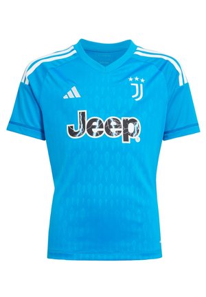 Blue Juventus short-sleeve soccer jersey with V-neck, featuring a geometric pattern, white stripes on shoulders, and black "Jeep" logo.