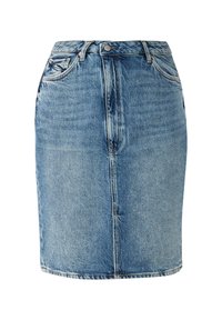 Vaaleansininen denim-hame, jossa on korkea vyötärö, etutaskut ja haalistunut pinta, jossa on hienovaraisia ompeluyksityiskohtia.