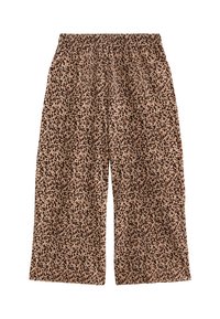 Leoprint-Hosen mit weitem Bein und elastischem Bund, aus weichem Stoff gefertigt. Das Muster zeigt kleine braune Flecken auf einem beigen Hintergrund.