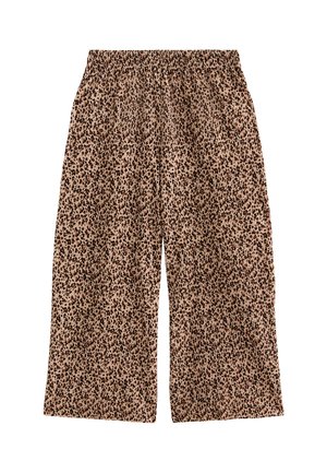 Leopard print wide-leg pants with an elastic waistband, made of soft fabric. The pattern features small brown spots on a beige background.