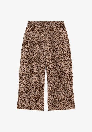 Wijdvallende broeken met luipaardprint en een elastische tailleband, gemaakt van zachte stof. Het patroon heeft kleine bruine vlekken op een beige achtergrond.