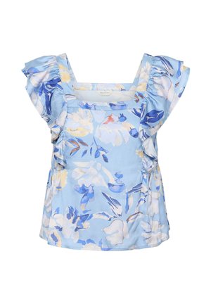 Blusa sin mangas azul claro con hombros con volantes y un patrón floral en blanco, amarillo y azul oscuro.