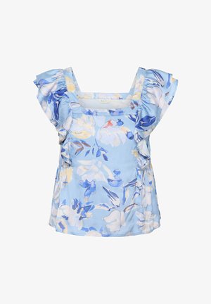 Blusa sin mangas azul claro con hombros con volantes y un patrón floral en blanco, amarillo y azul oscuro.