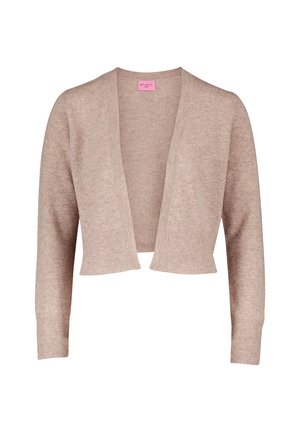 Beige, geknipte cardigan gemaakt van zacht breimateriaal. Beschikt over een V-hals, open voorkant en lange mouwen met geribde manchetten.