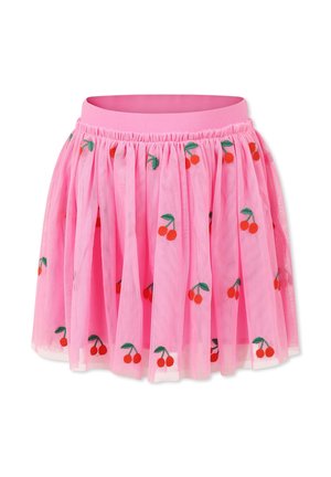 Roze tule rok met een elastische tailleband, voorzien van geborduurde rode kersen en groene bladeren, wat een speelse uitstraling creëert.