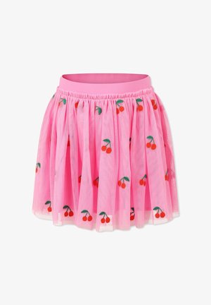 Roze tule rok met een elastische tailleband, voorzien van geborduurde rode kersen en groene bladeren, wat een speelse uitstraling creëert.