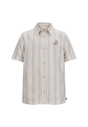 Korte mouwen knoopshirt in lichtbeige met verticale strepen; heeft een kraag en geborduurd logo op de borst.