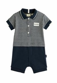 Marineblauer und weiß karierter Kurzarm-Overall mit Polokragen, ausgestattet mit einer Knopfleiste vorne und einem Etikett auf der Brusttasche.