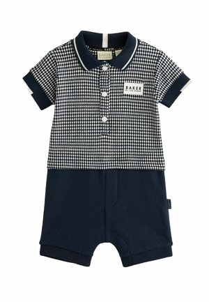 Marineblauer und weiß karierter Kurzarm-Overall mit Polokragen, ausgestattet mit einer Knopfleiste vorne und einem Etikett auf der Brusttasche.