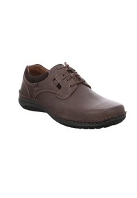Scarpa stringata in pelle marrone con finitura liscia, punta tonda e dettagli di cucitura. Presenta una suola imbottita e un design a taglio sul lato.