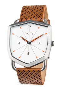 Sølv sekskantet ur med en hvid urskive, orange timemarkører og sorte visere. Brun perforeret læderrem supplerer designet.