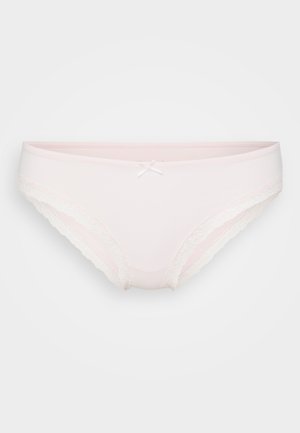 Light pink cotton panties with lace trim along the edges and a small bow detail at the front center. Classic brief design.