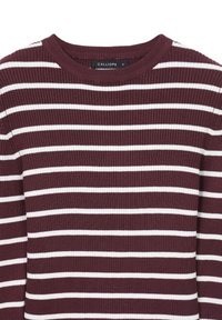 Bordeauxfarbenes Rippensweatshirt mit horizontalen weißen Streifen und rundem Halsausschnitt, das Etikett im Kragen trägt "CALLIOPE S".
