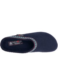 Wool slipper in dark navy with decorative woven trim in teal and red. Features a rounded, open design and a textured fabric surface.