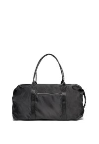 Černý nylonový vak s dvěma madly, přední kapsou na zip, pásky s potištěným logem a prostornou hlavní přihrádkou. Hladká textura.