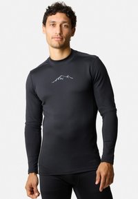 Zwart lange mouwen prestatieshirt, met een subtiele grijze berggraphic op de borst, gemaakt van een gladde, rekbare stof.