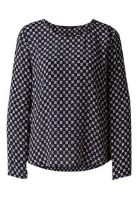 Blusa a maniche lunghe con fondo navy e un motivo geometrico di cerchi sovrapposti in rosa chiaro. Tessuto morbido, scollatura rotonda.