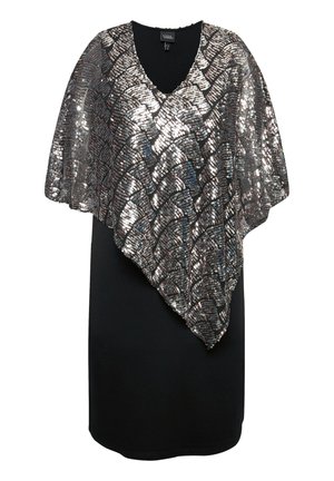 Black dress with a V-neck, featuring a shimmering, sequined overlay in a textured geometric pattern with gray, silver, and blue hues.