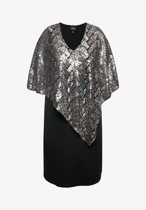 Musta mekko V-pääntiellä, jossa on kimalteleva, paljeteilla päällystetty päällinen, jossa on tekstuurinen geometrinen kuvio, jossa on harmaata, hopeaa ja sinistä sävyä.