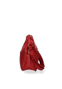 Borsa a tracolla in pelle rossa con superficie texturizzata, doppie cerniere e una tracolla rimovibile. Presenta dettagli in hardware dorato.