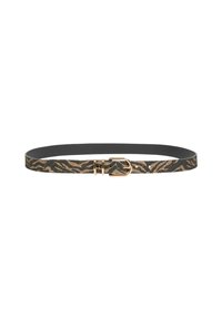 Cintura con sfondo nero caratterizzata da un motivo zebra in oro e marrone; fibbia in metallo dorato; design slim, texture liscia.