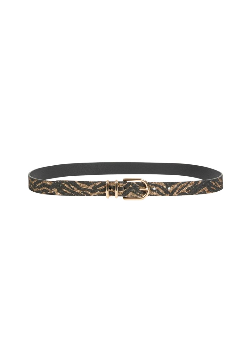 Cintura con sfondo nero caratterizzata da un motivo zebra in oro e marrone; fibbia in metallo dorato; design slim, texture liscia.