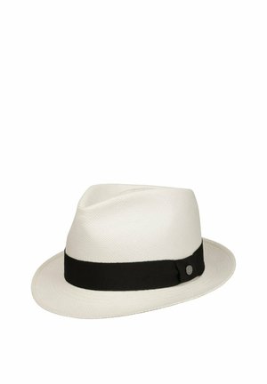 White fedora hat with a black band and small silver button detail on the side, shown against a white background.