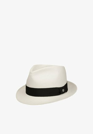 White fedora hat with a black band and small silver button detail on the side, shown against a white background.
