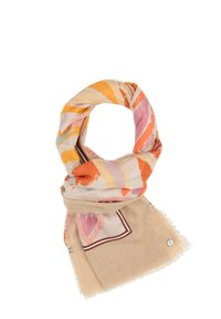 Bufanda de tela ligera con un patrón floral en naranja, rosa y amarillo. Acentos en beige y bordes ribeteados, con un pequeño detalle de logo.
