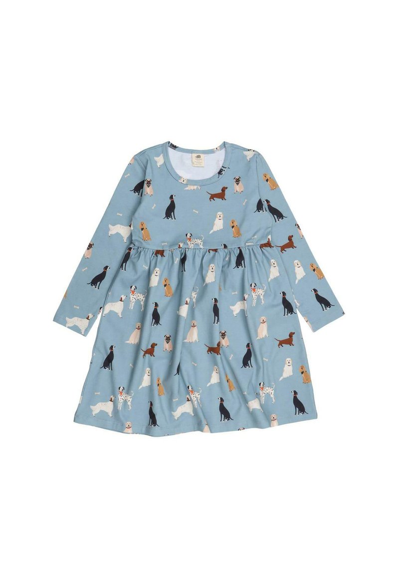 Langärmeliges blaues Kleid mit einem Muster aus verschiedenen Hunden in unterschiedlichen Farben und Rassen. Hergestellt aus weichem Stoff mit einem ausgestellten Rock.