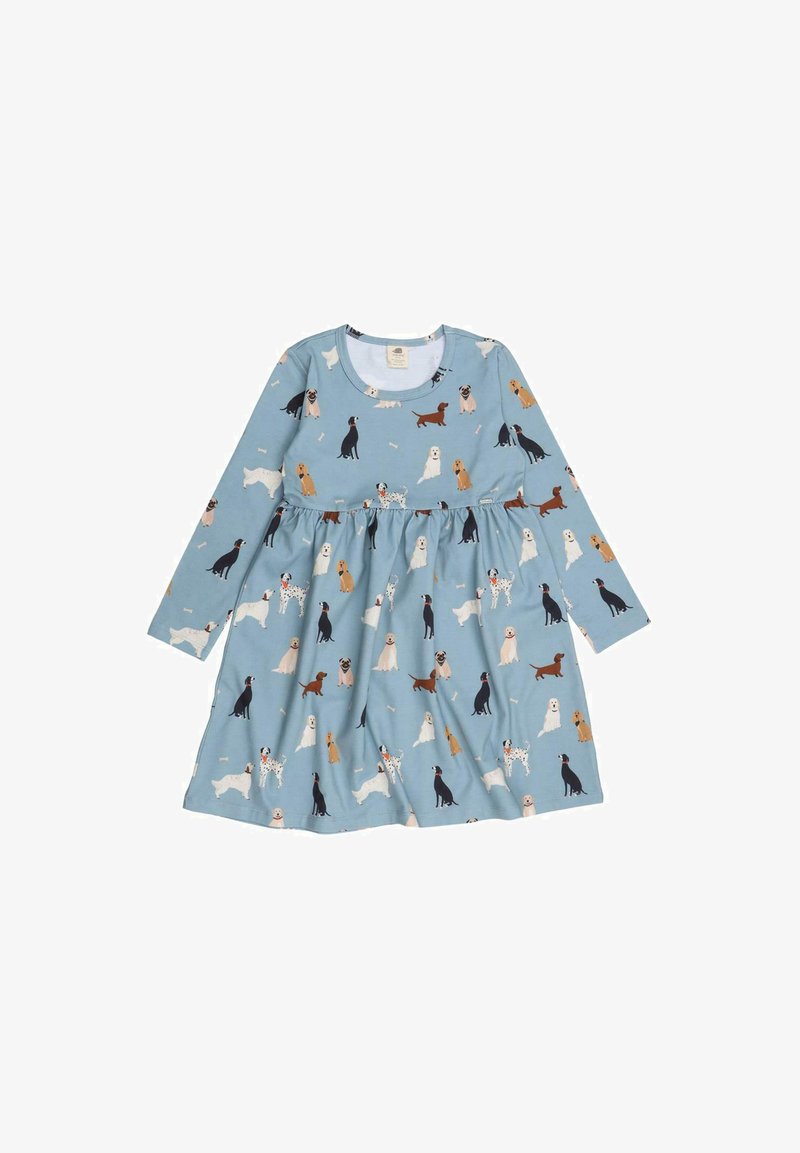 Langärmeliges blaues Kleid mit einem Muster aus verschiedenen Hunden in unterschiedlichen Farben und Rassen. Hergestellt aus weichem Stoff mit einem ausgestellten Rock.