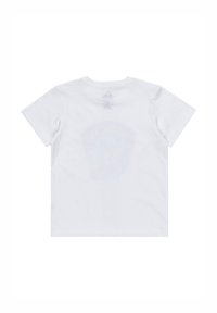 Camiseta de algodón blanca con mangas cortas, que presenta un gráfico desvanecido en la parte posterior. Cuello redondo y textura suave.