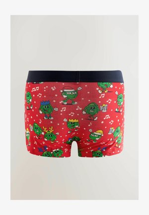 Rote Boxershorts mit einem marineblauen Bund, verziert mit einem Muster aus Cartoon-Gemüse in verschiedenen festlichen Posen und Musiknoten.