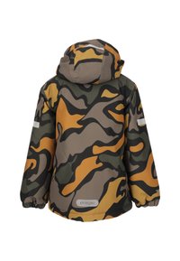 Tarnjacke in den Farben Grün, Braun und Orange; mit Kapuze, elastischen Bündchen und einem reflektierenden Akzent am Ärmel.