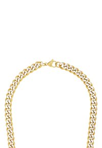 Gouden en zilverkleurige ketting met interlocking schakels en een sluiting met een kreeftsklip. Gladde oppervlakte met een gepolijste afwerking.