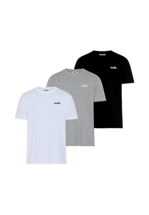 Tre T-shirt tinta unita a maniche corte in bianco, grigio e nero, ciascuna con un piccolo logo "ellesse" sul petto sinistro.