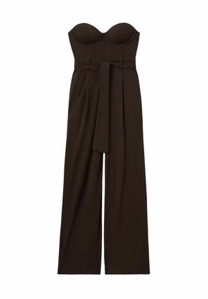 Brun jumpsuit med en figursydd strapless bodice, vida ben och ett knytbälte i midjan. Slät textur och enfärgad.