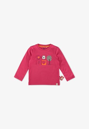 Langärmeliges Shirt aus leuchtend pinkem Baumwollstoff, mit Grafiken von Bären und Bäumen, einem Blumendesign und einem Etikett mit einem Bären.